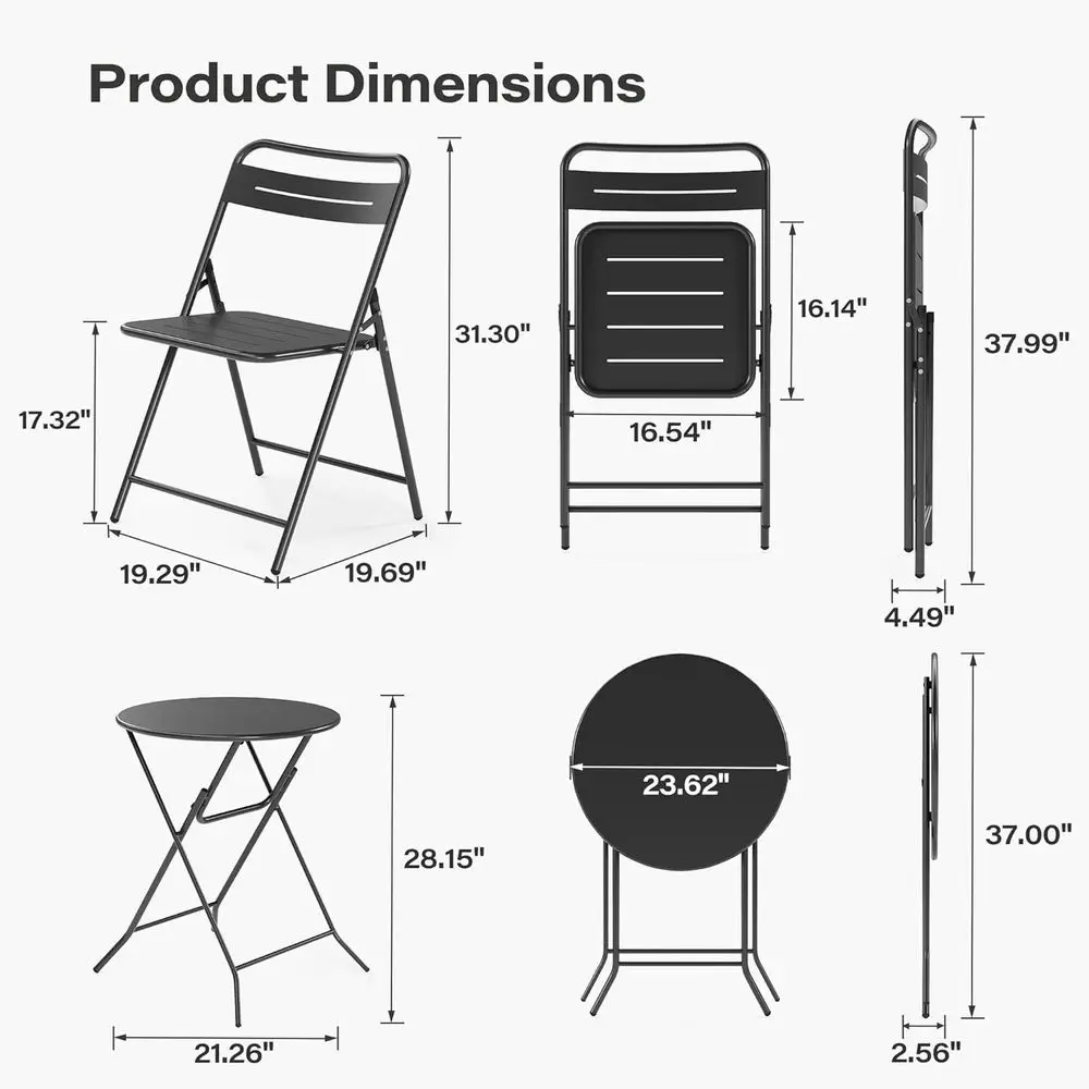 Weather-Resistant 3-Piece Steel Bistro Set: Patio Table with 2 Chairs for Outdoor & Indoor Use (Round, Black) view 2