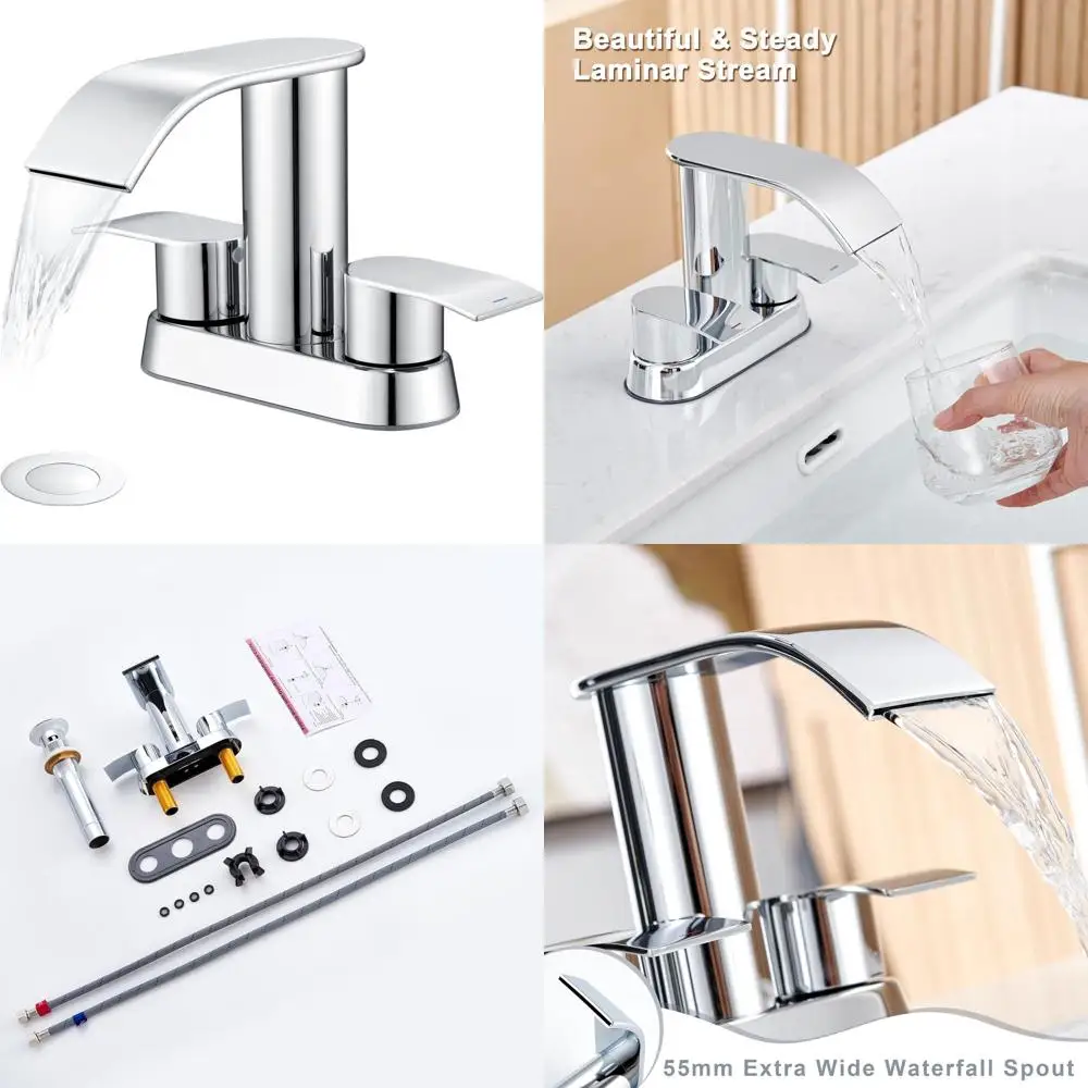 

Chrome 4 Centerset 2-Handle Waterfall Sink Faucet with Pop-Up Drain for 3/2 Hole Basins, RV-Friendly, US D983,326 S