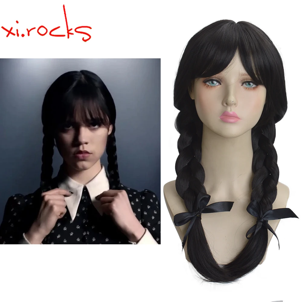 3622L Xi.Rocks Addams Wednesday Long Black Braids Hair Cosplay Heat Resistant Synthetic Wig Halloween Party Role Play