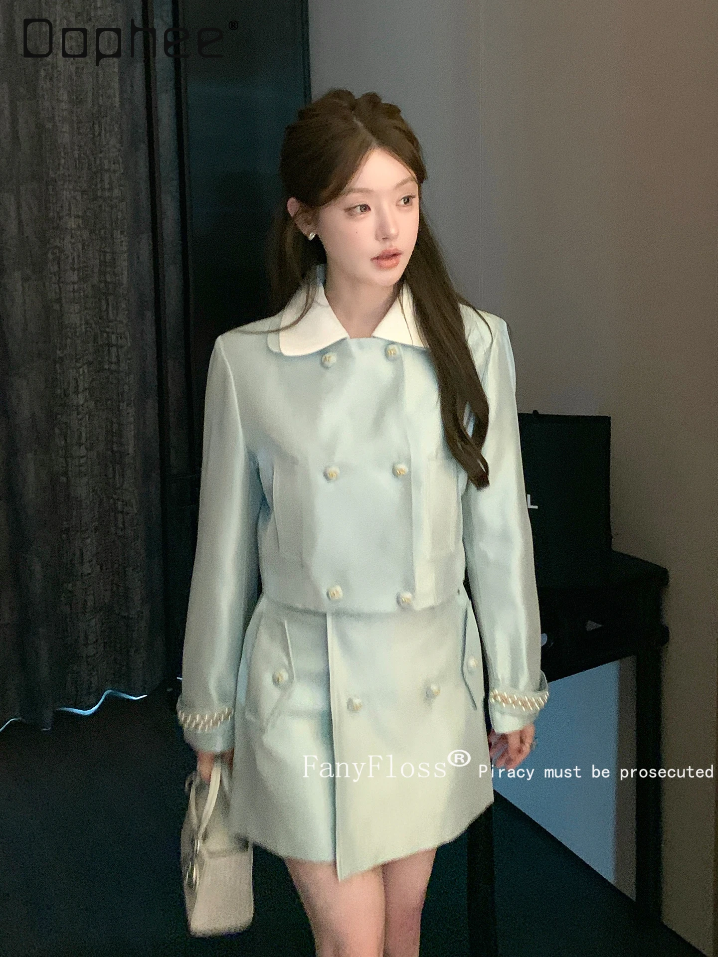 

French Elegant Socialite Sets High-end Doll Collar Beaded Double-breasted Pearl Satin Blazer A-line Mini Skirt Two-piece Set