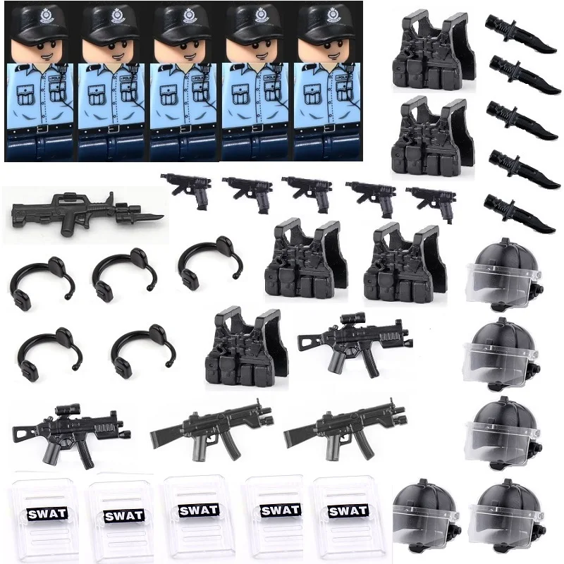 5PCS/SET Hong Kong City Police Military MOC Building Blocks City SWAT Team for Children Weapons Figures Brick Mini Toys Hobbies