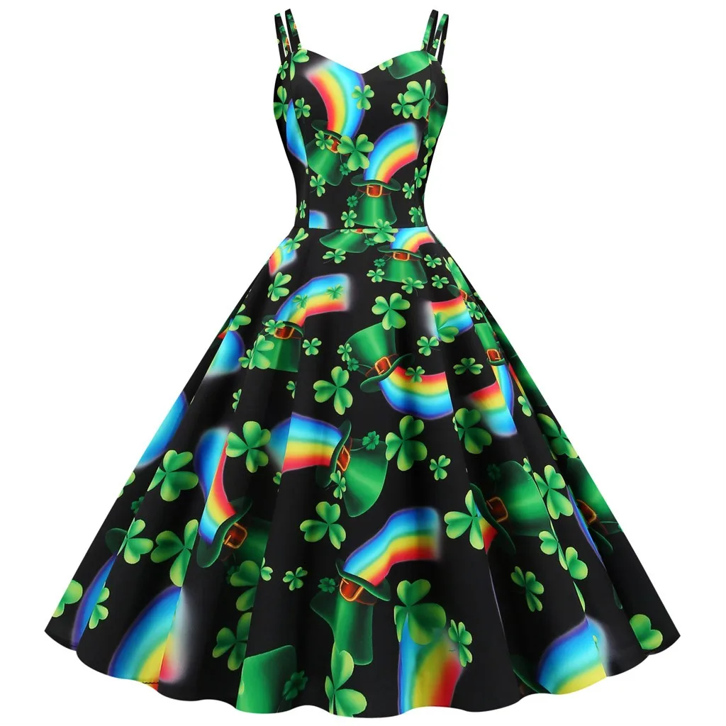 Women's halter dress Irish-National-Day A-line-Skirts Dress St-Patrick-Day short Clover Female Green Big Swing festive Vestidos