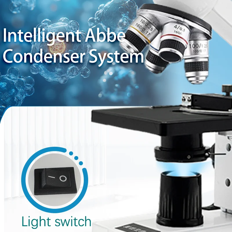 Professional 40X-2500X Binocular Compound Microscope with Abbe Condenser & LED Illumination, Includes USB Camera, Phone Ada