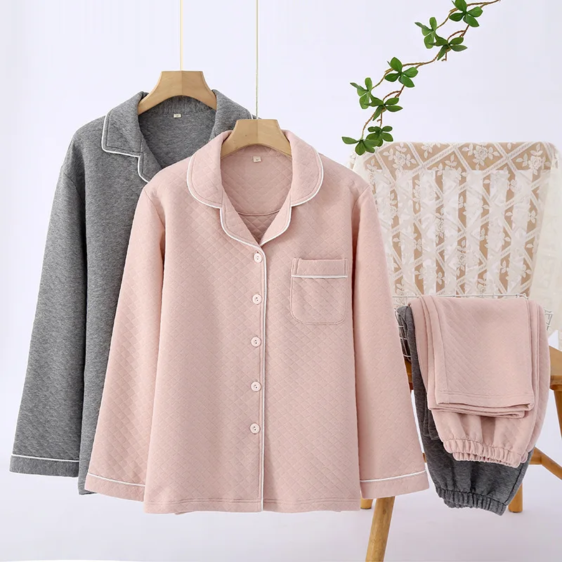 Cozy 3-Layer Quilted Unisex Cotton Pajama Set, Solid Color Plus Size Relaxed Fit, Thermal Warm Fall Winter Home Loungewear