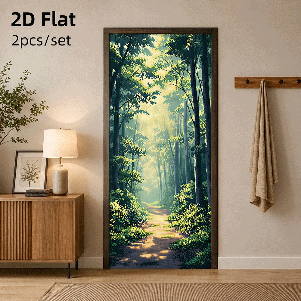 1 piece of natural forest door sticker, sunlight penetrates through the forest, fresh natural wind, 2D plan