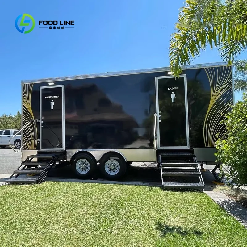 Customized Luxury Modern Portable Toilet Restroom Trailer Multiple Stalls Durable Water Flush WC Cabin Wheels Made Steel
