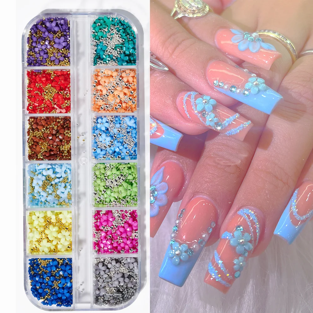 12/15 grades 3d flor de cinco pétalas decorações da arte do prego com contas de caviar colorido primavera floral encantos do prego diy manicure acessório