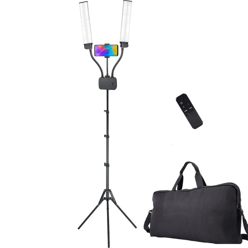 Lampu fotografi tabung ganda lipat LED dengan dua lengan, lampu pengisi kamera live ponsel dengan antarmuka pengisian daya USB