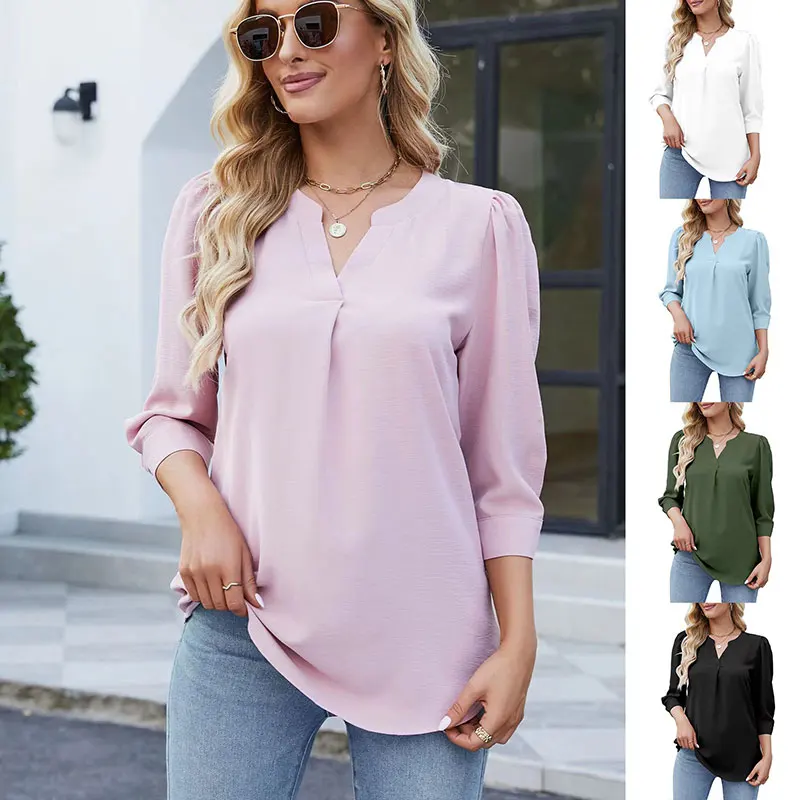 Women Spring Chiffon Shirts Casual Solid Smart Business Blouse Office Lady Elegant V-Neck Solid Color Tops Mujer Outdoor Tshirts