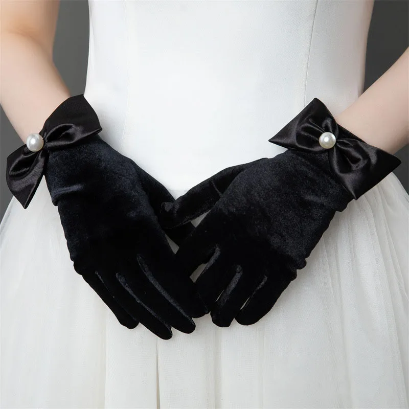 Guantes negros Retro de terciopelo con lazo para mujer, accesorios de fotografía de estudio, manoplas para vestido de novia, guantes cortos para