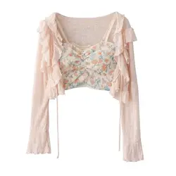 Sweet Hot Girl Summer French Embroidered Floral Lace Ruffled Lace-up Short Cardigan + Flower Print Small Sling Top Two-piece Set