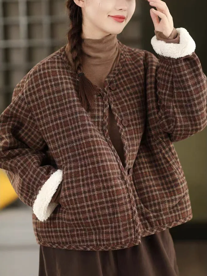 

Thiened Plaid Woolen Fce Lined Cotton Jaet ort Pants Верхняя одежда Winter Faion Classy Sle Commute Lady Прямые брюки...