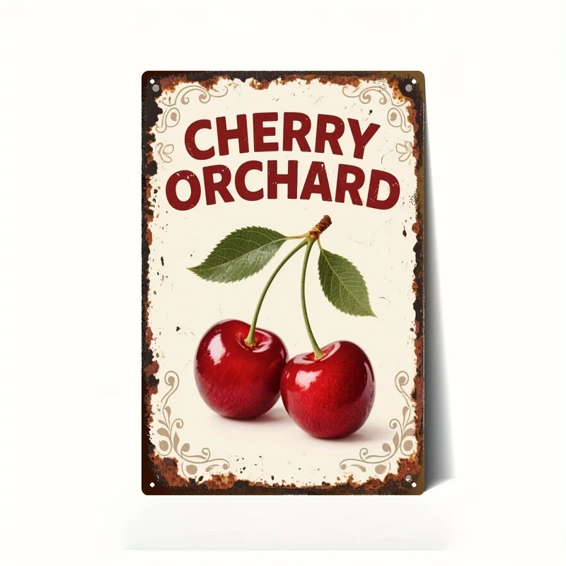 Vintage 2D Flat Metal Tin Sign, 1 Pack, Cherry Farm Orchard Wall Plaque with Red Cherries & Green Leaves, Rustic Farmhouse Easy