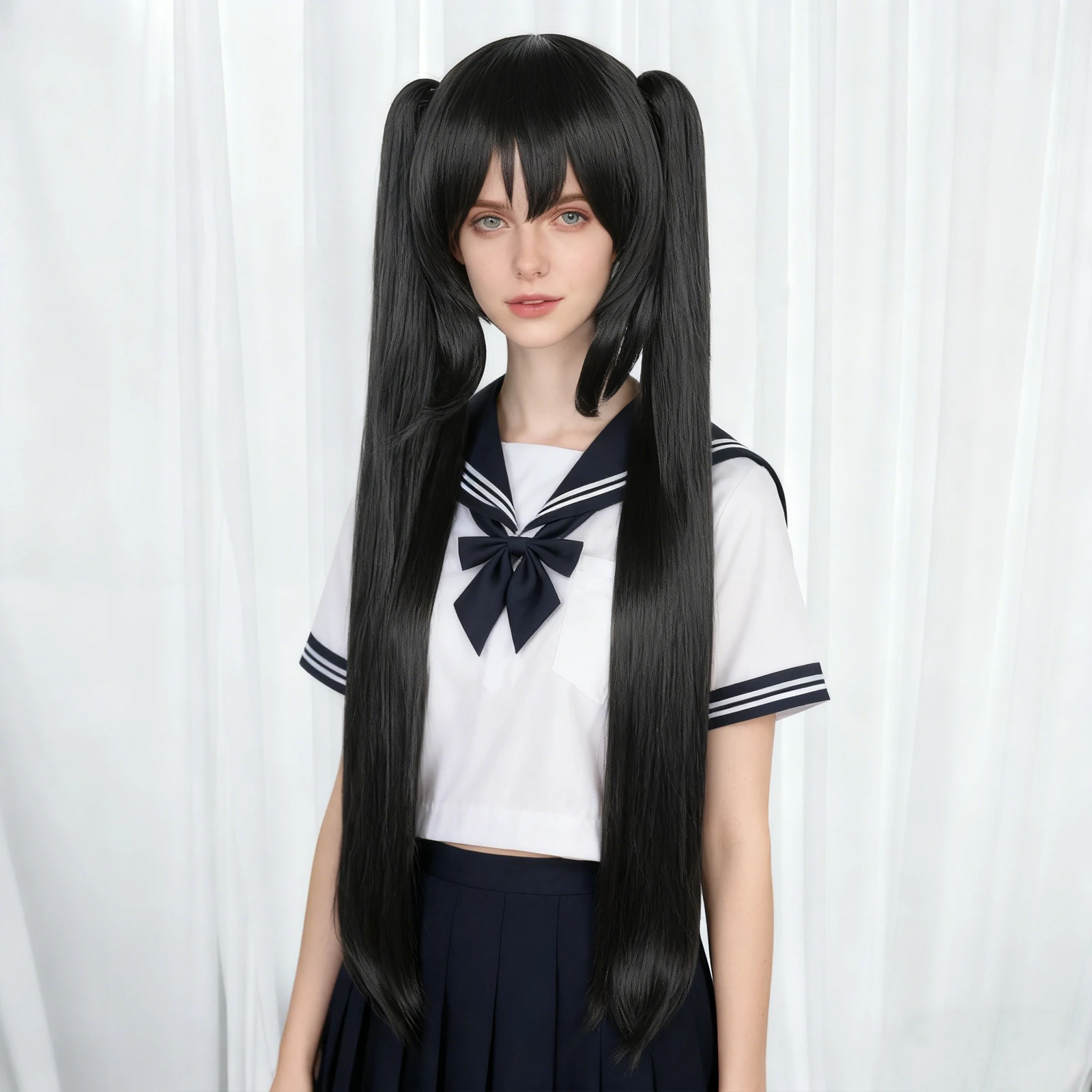 

Длинный черный парик с двойным хвостом и прямой челкой, синтетический, термостойкий, для женщин, для аниме-косплея