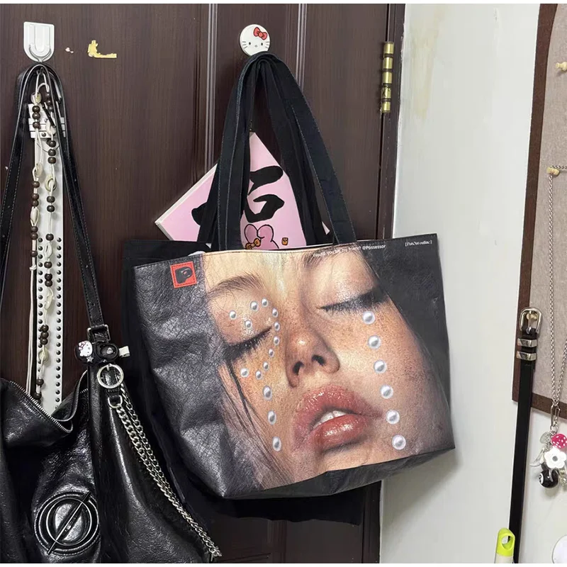 Brand Portrait Print Tote Bag Large Capacity Top-handle Shopper Bag Fashion Pvc Kraft Paper Shoulderbag Waterproof Pouch Storage