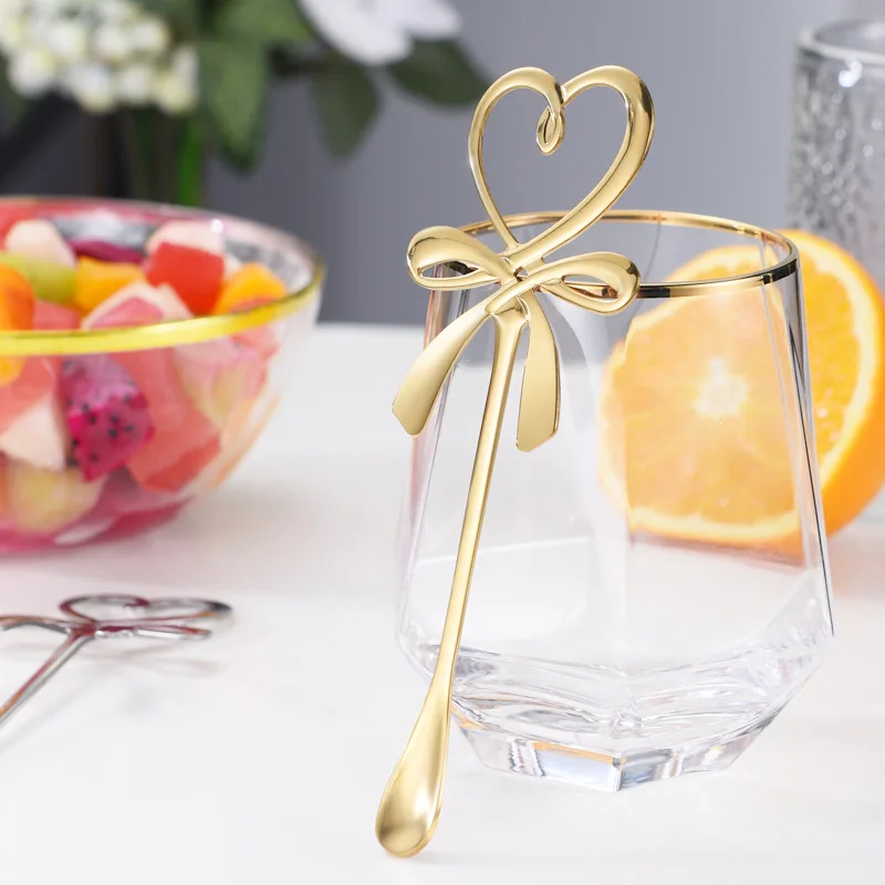 

304 Stainless Steel Mini Bow Knot Heart Shaped Spoon Coffee Tea Dessert Spoons Hanging Spoon Afternoon Tea Decoration Flatware