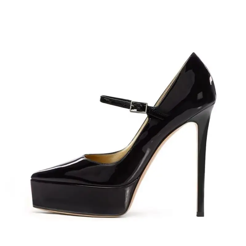 MKKHOU Patent Leather Platform Mary Janes Pumps Women Pointed Toe Thin Super Stiletto High Heel Ankle Strap Dress Shoes Women