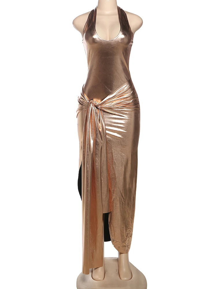 Whatiwear Seidiges, elegantes Maxikleid für Damen, Neckholder, niedriger Ausschnitt, rückenfrei, geraffte Knoten, Splits am Saum, Mitternachts-Abschlussball, Party, Hipster-Vestidos