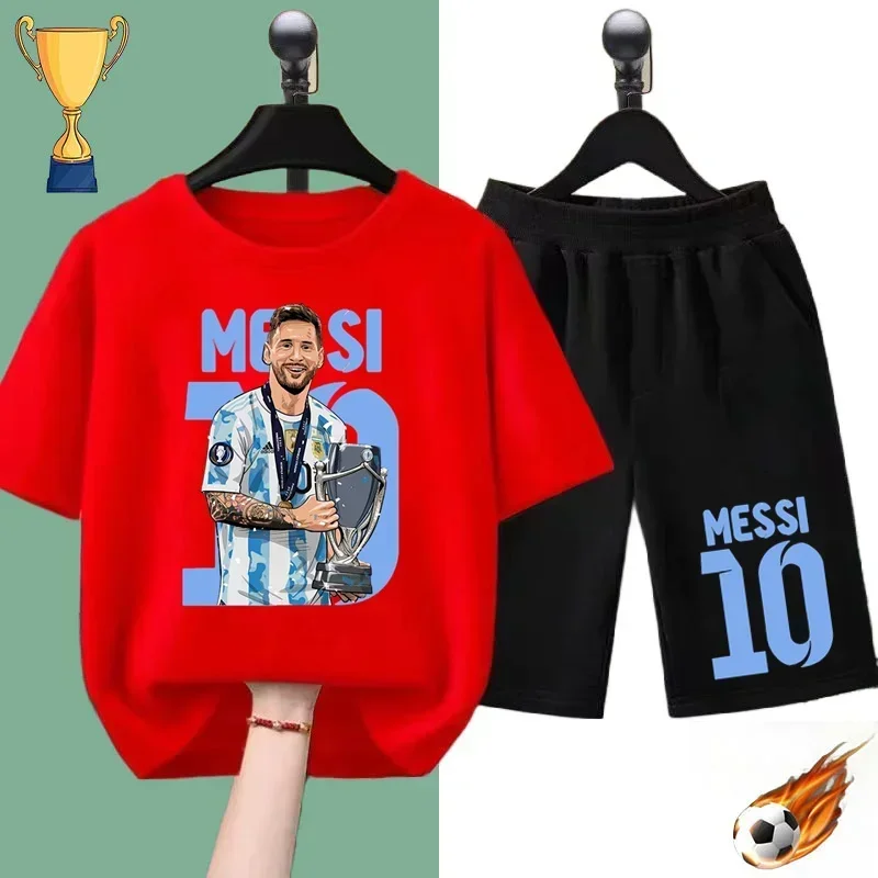 Summer Kids T-shirt Soccer star Messi Print Sports Boys Girls Casual short sleeve shorts Fashion Black shirt Sports shirt set