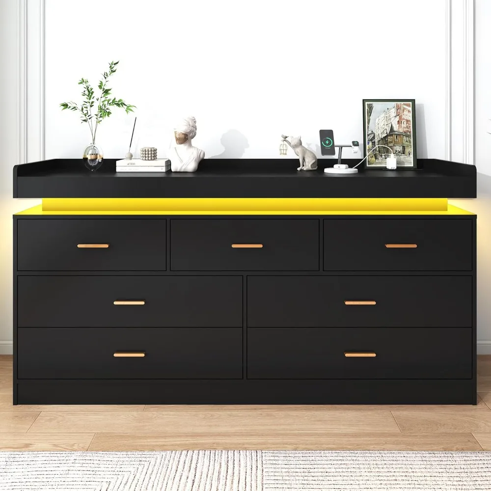 Dresser with Charging Station and LED Lights, Modern Chest of Drawers with Power Outlet, Organizer Cabinet for Bedroom,