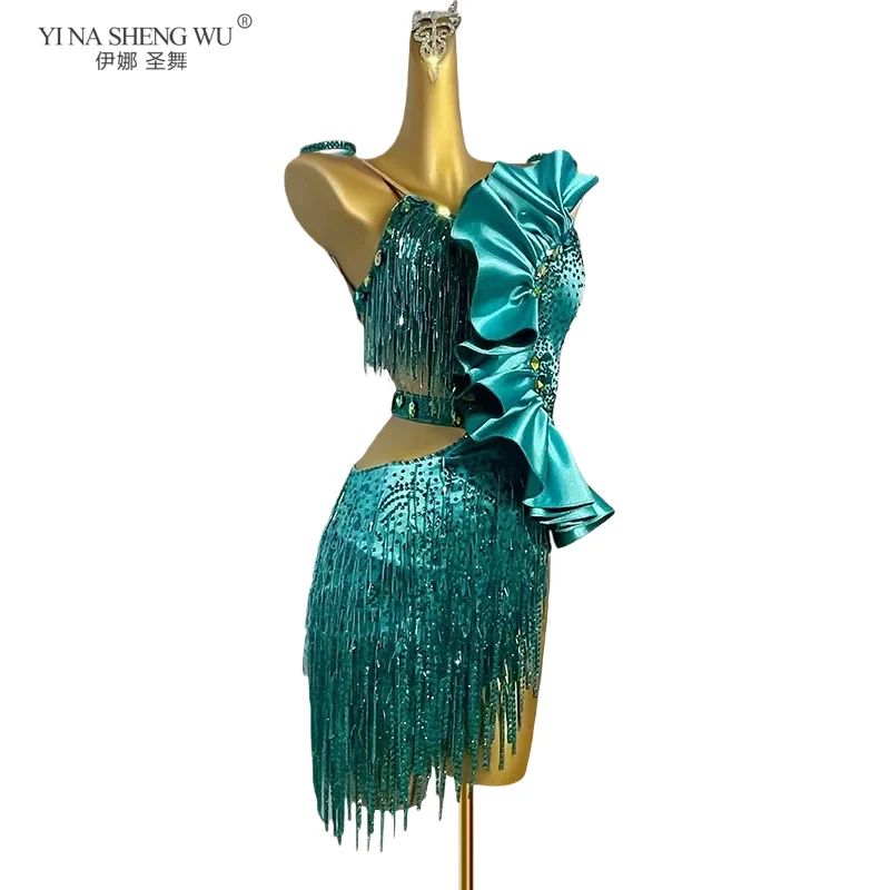 

Women's High-End Custom Rhinestone Latin Dance Costume with Ruffled Stitching Bead Tube Tassel for Tango Samba Performance