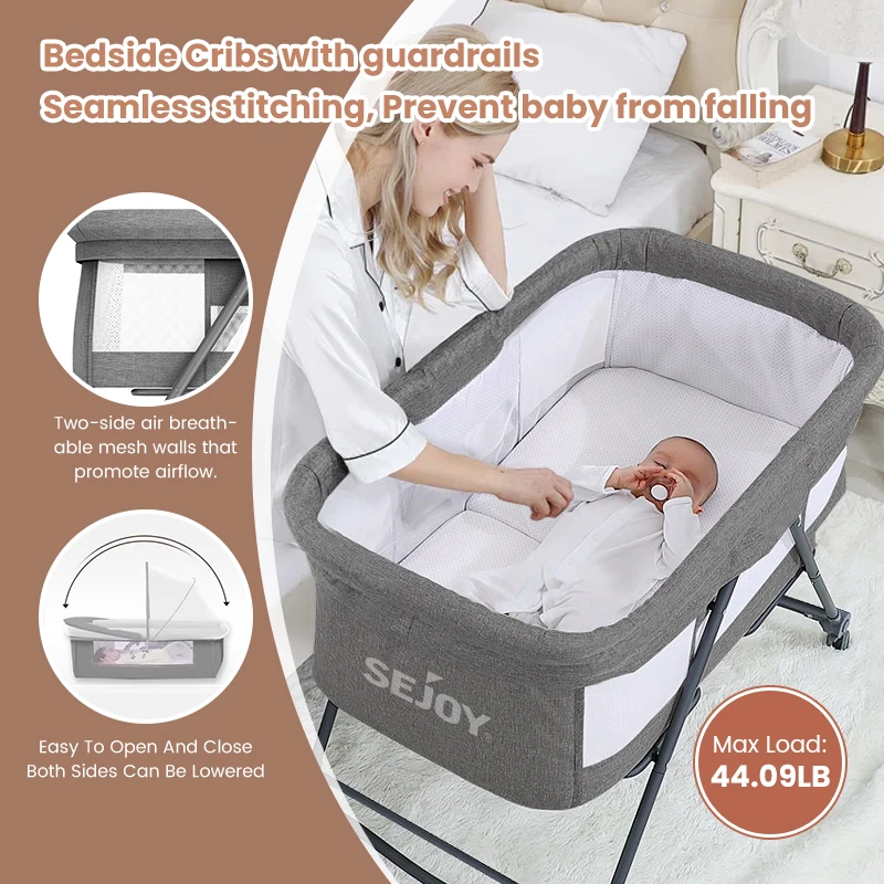 Baby Grab-and-go Travel Cot Crib , Rocking Crib Convertible ulti-function folding With Mosquito Net & Mattress & Silent Wheels