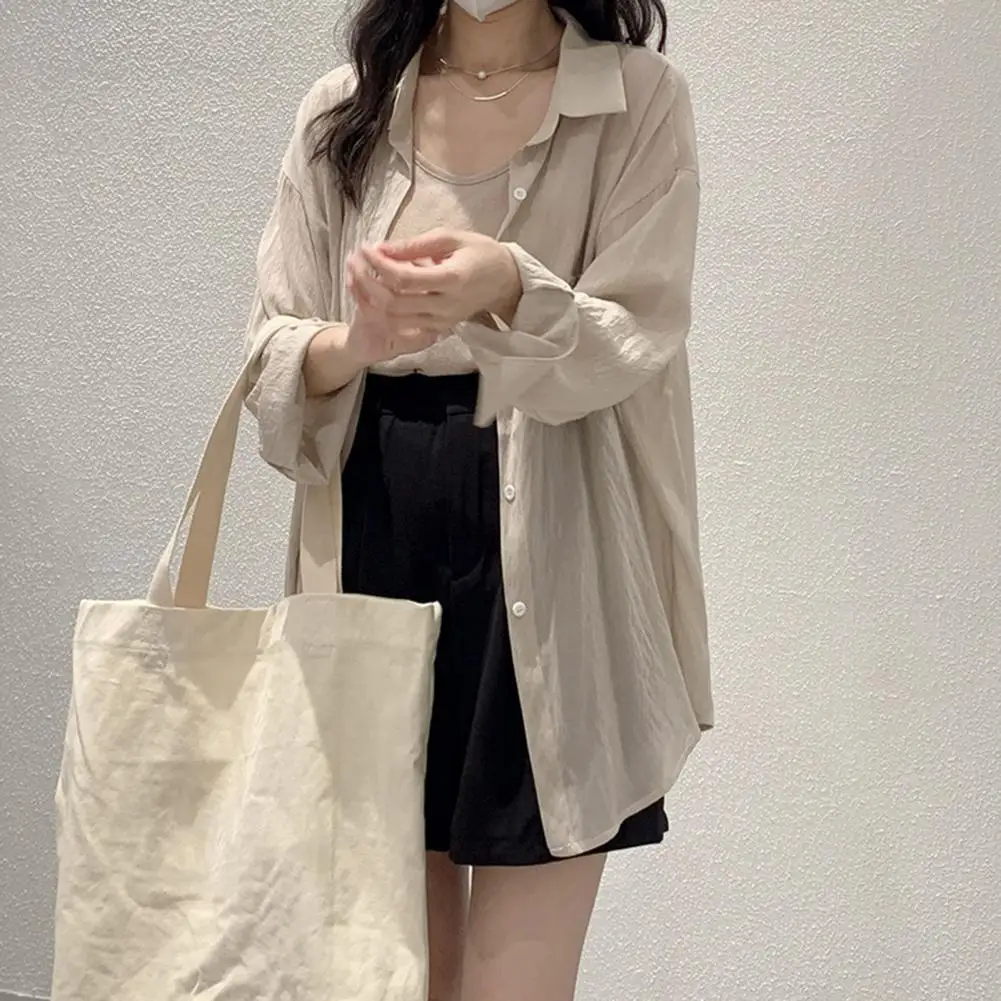 Women Loose Fit Shirt Women's Lapel Long Sleeve Shirt Coat Set with Patch Pocket Solid Color Single Breasted for Stylish