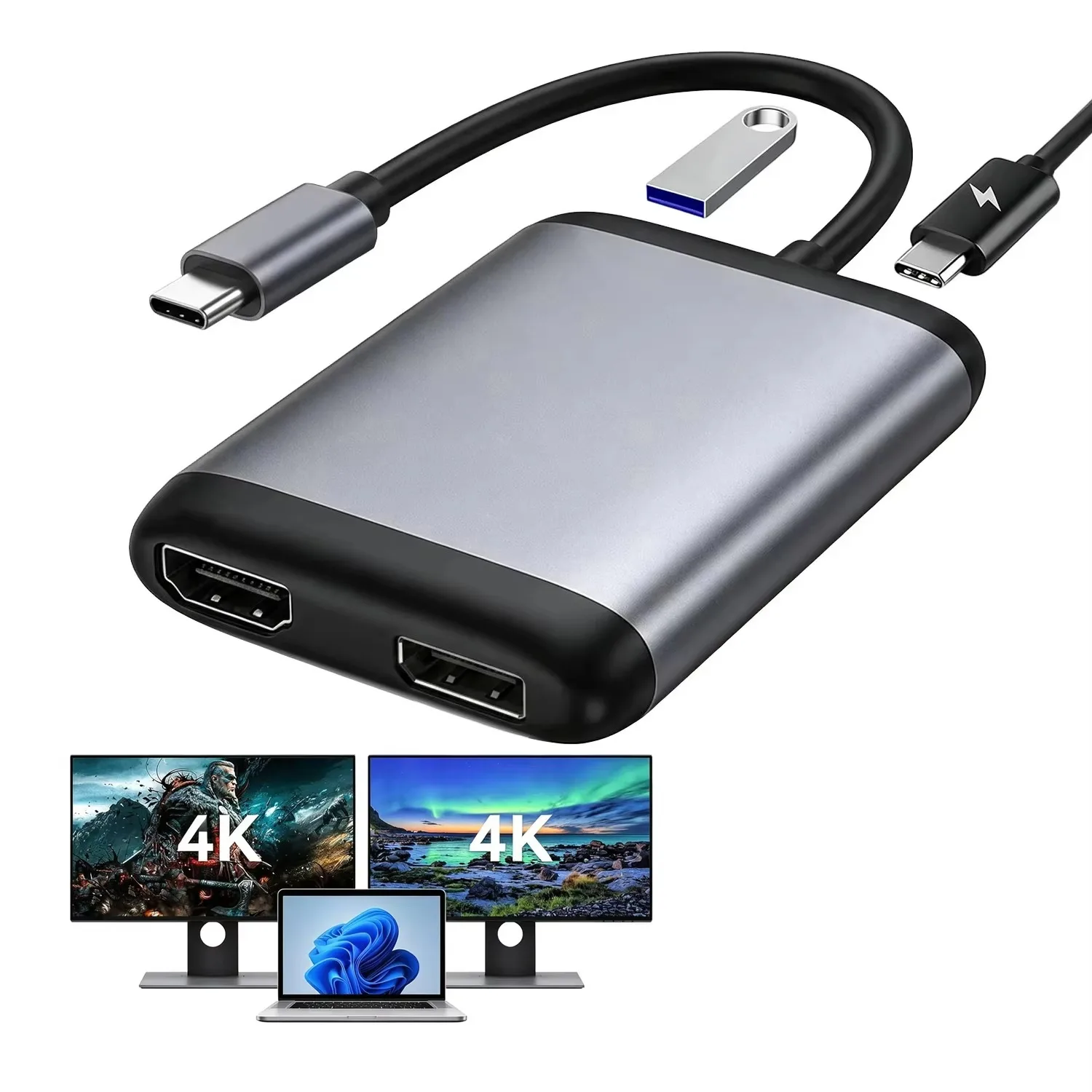 Type-C to HDMI-compatible DP Dual Display Splitter 4IN1 Adapter 4K@60Hz USB3.0 PD Charger MST SST Mode for Thunderbolt4 Laptop