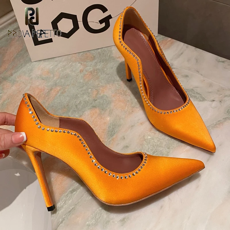 

Sexy Silk Pointed Toe Women High Heel Single Shoes Spring Summer Green Red Slip on Shallow Mouth Rhinestone Decor Luxury Shoe