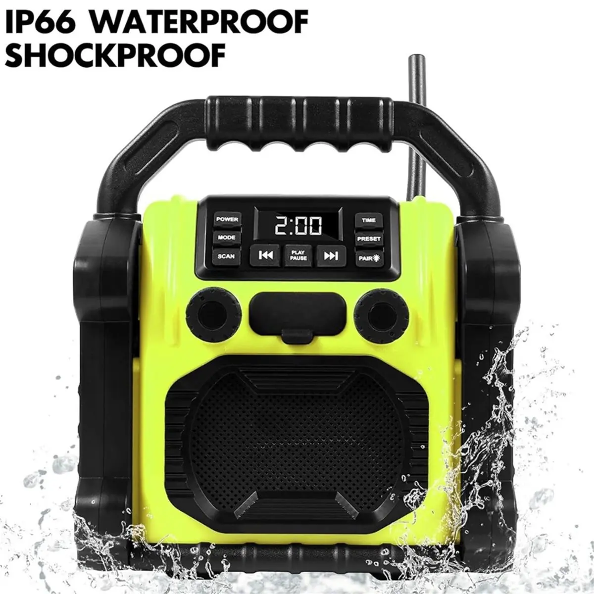 newA10R Portable Outdoor Radio Bluetooth Speaker, IP66 Waterproof FM Clock Radio with LED Lights for /Fishing/Party/Camping