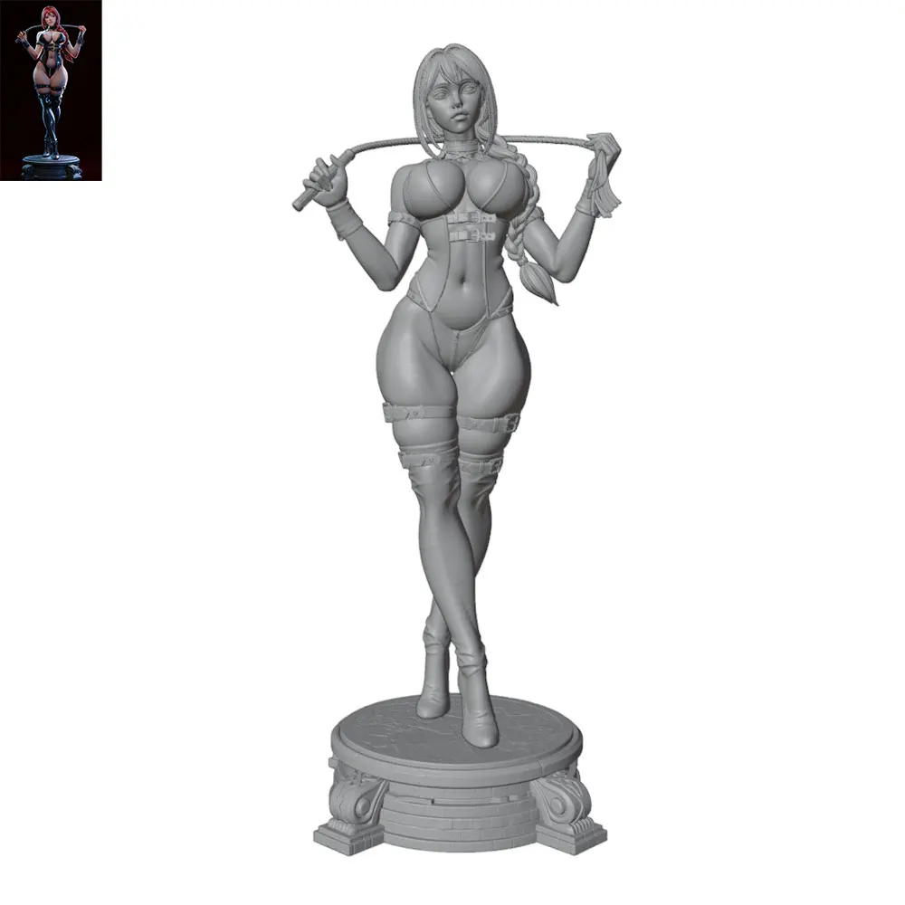 1/24 /6 Scale Resin Model Kit: Cold and Alluring Girl in Tight Battle Suit Holding a Long Whip,3D Printed Grey Statue,Unpainted