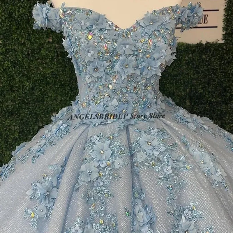 ANGELSBRIDEP Sky Light Blue Quinceanera Dresses Ball Gown Off Shoulder Appliques 3D Flower Princess Sweet 16 Dresses Customized