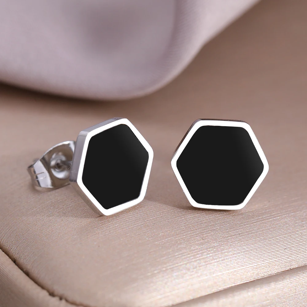 Stainless Steel Earrings Trending Products Black Acrylic Hexagon Stud Earrings For Women Jewelry High-end Sense Wedding Gifts