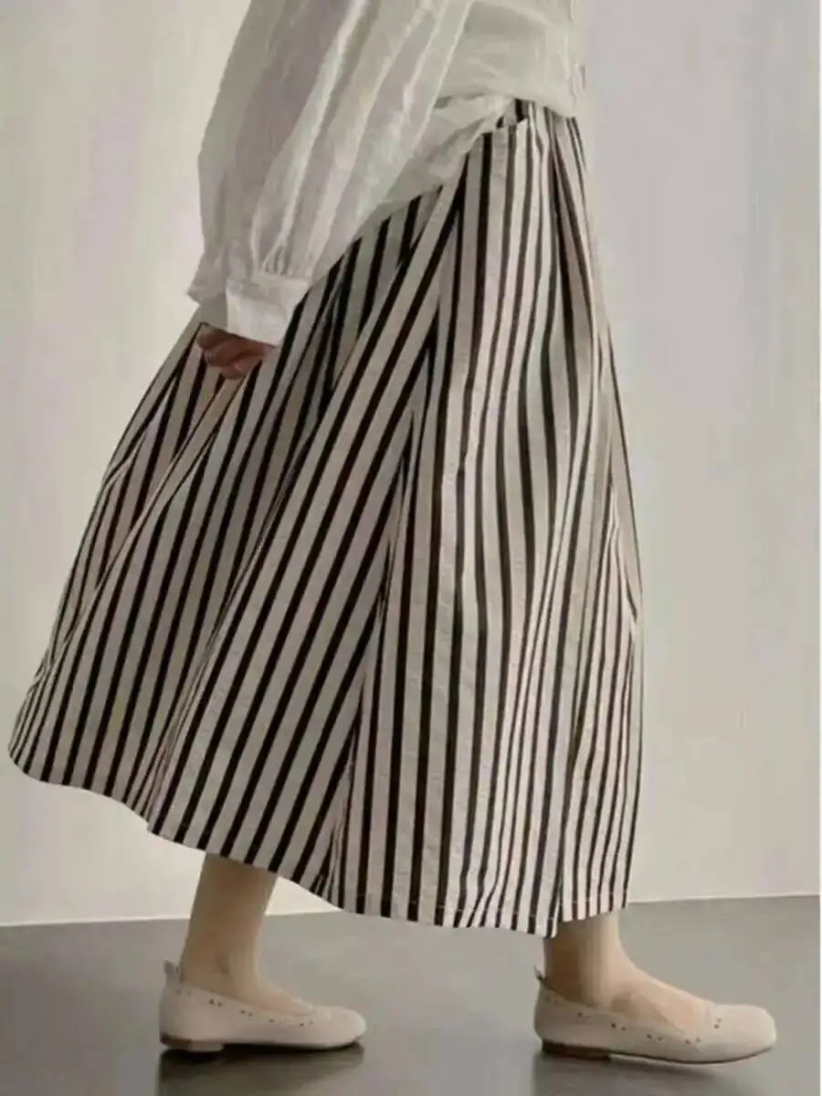 

Retro Chic Solid Color Striped Skirt For Women In Summer, High Waisted And Slimming A-line Mid Length Umbrella Skirt Casual OHS8