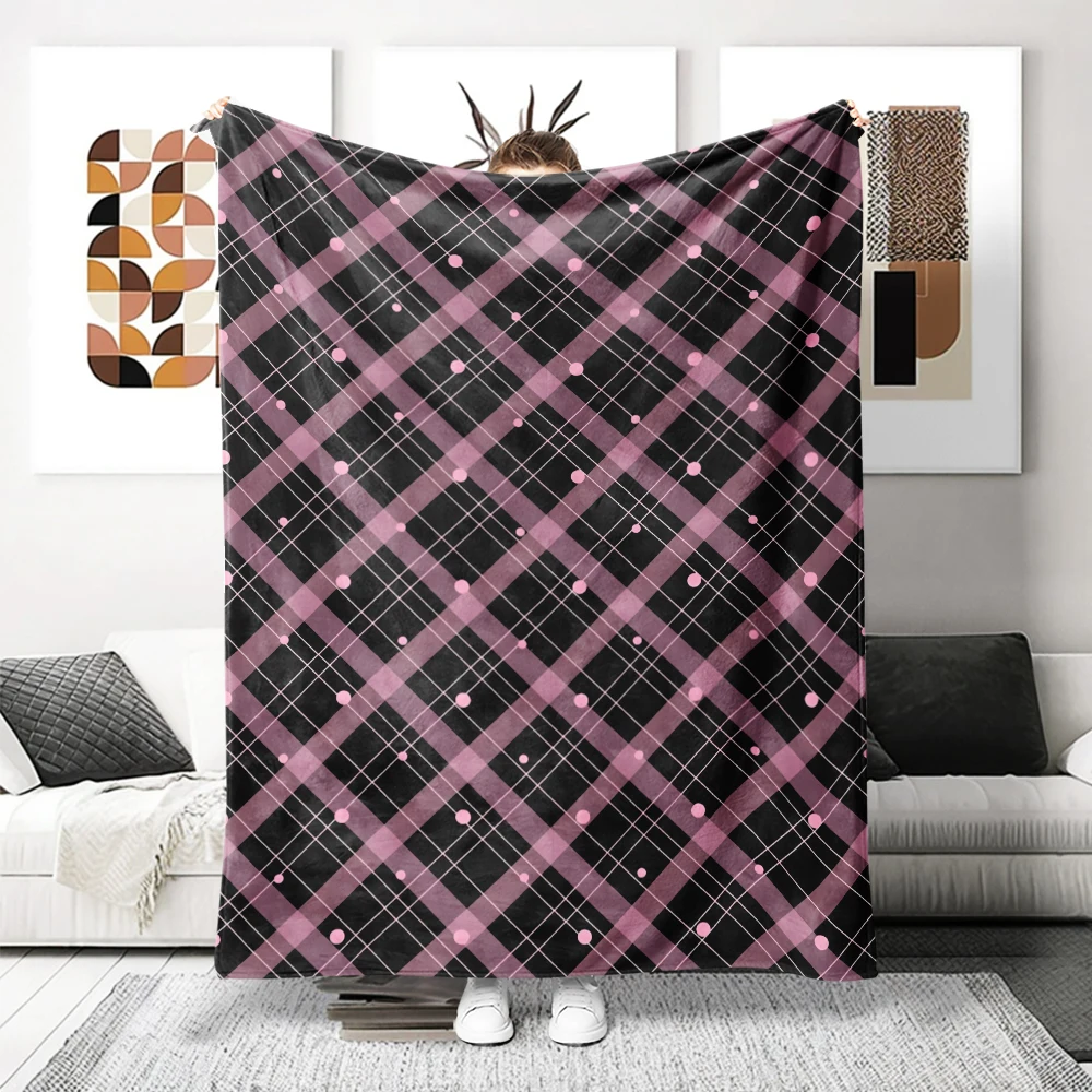 Black Pink Argyle Dots Flannel Blanket Cartoon Printed Throw Blanket for Kids Adults Soft Plush Bed Sofa Cover Gift