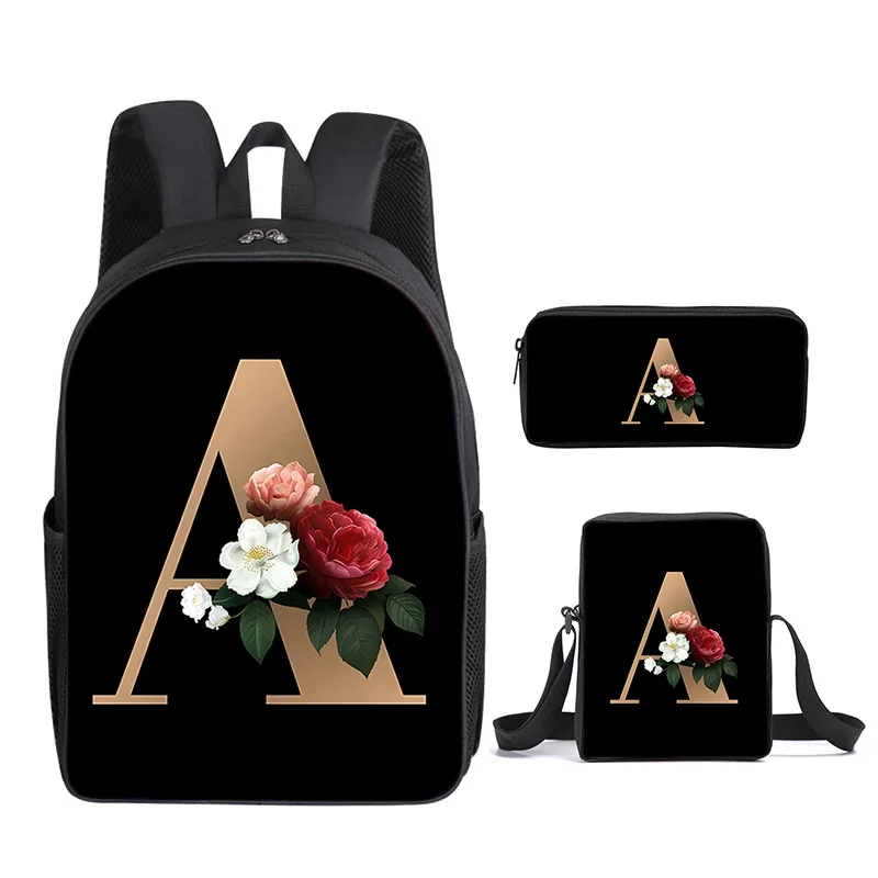 Fashion Novelty Flower letters A-Z 3D Print 3pcs/Set pupil School Bags Laptop Daypack Backpack Inclined shoulder bag Pencil Case
