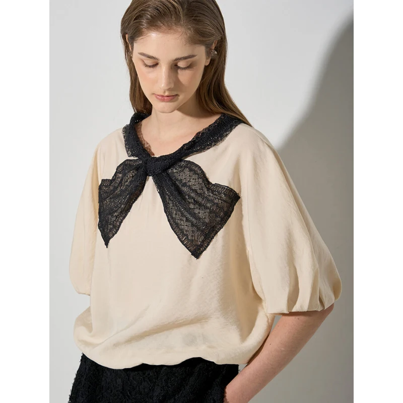 

Ele Anti-Aging Design MICOAT Lace Bubble Sve ort irt Women's Lightweight Spring Summer Faion French Sle Loose Fit