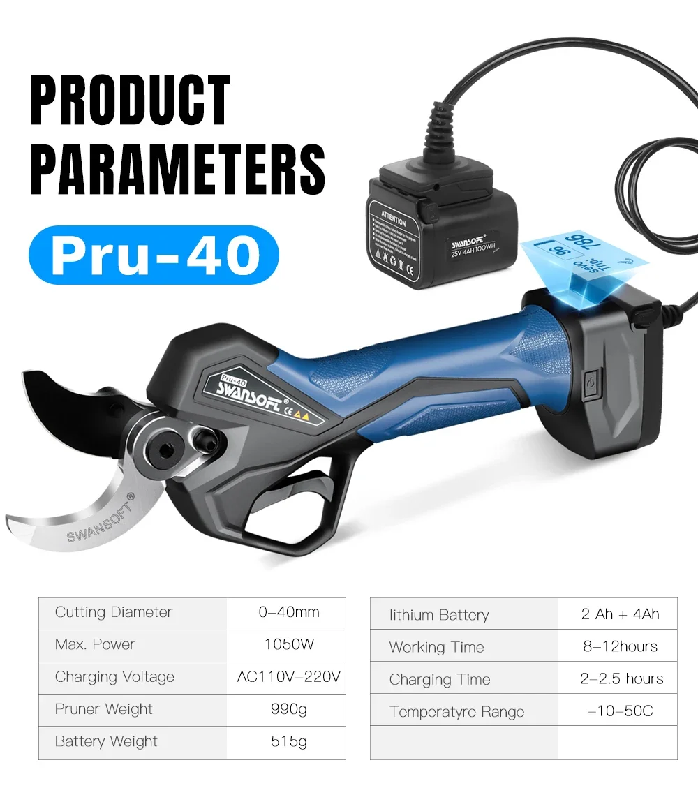 SWANSOFT Professioneller 1050W Bürstenloser Elektrischer Astschneider, 0-40mm Schnitt für Wein- und Obstbäume, 2*4Ah Akkus, Progressiver Schnitt PRU40 – Detail 8