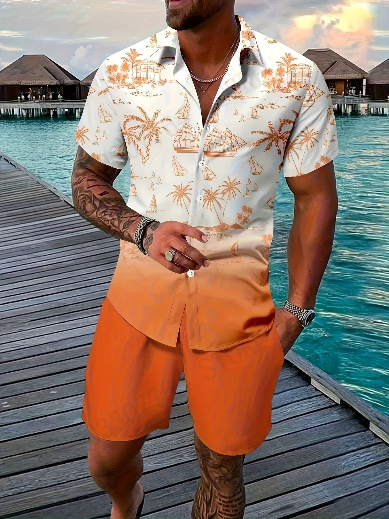 

Tree Fitness Hawaiian Shirt Sports 3d Print Shirt+Shorts Lapel Beach Shirts Suit Men Fashion Vocation Tracksuit Mens Clothing