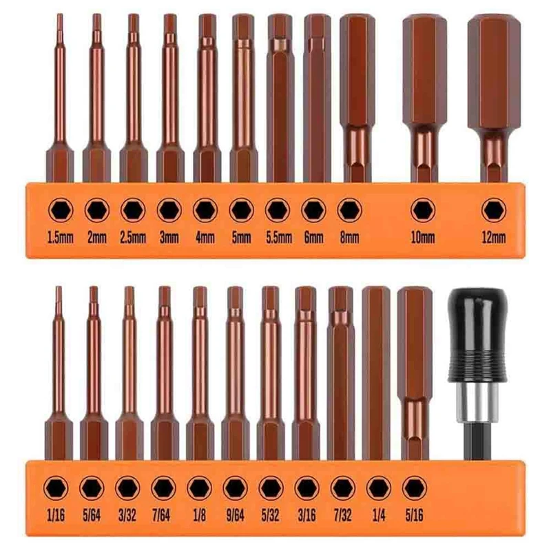 23 Piece Hex Bit Set Hex Key Drill Bit Set Metric & SAE S2 Steel 1/4Inch Hex-Shank 2.3Inch Long