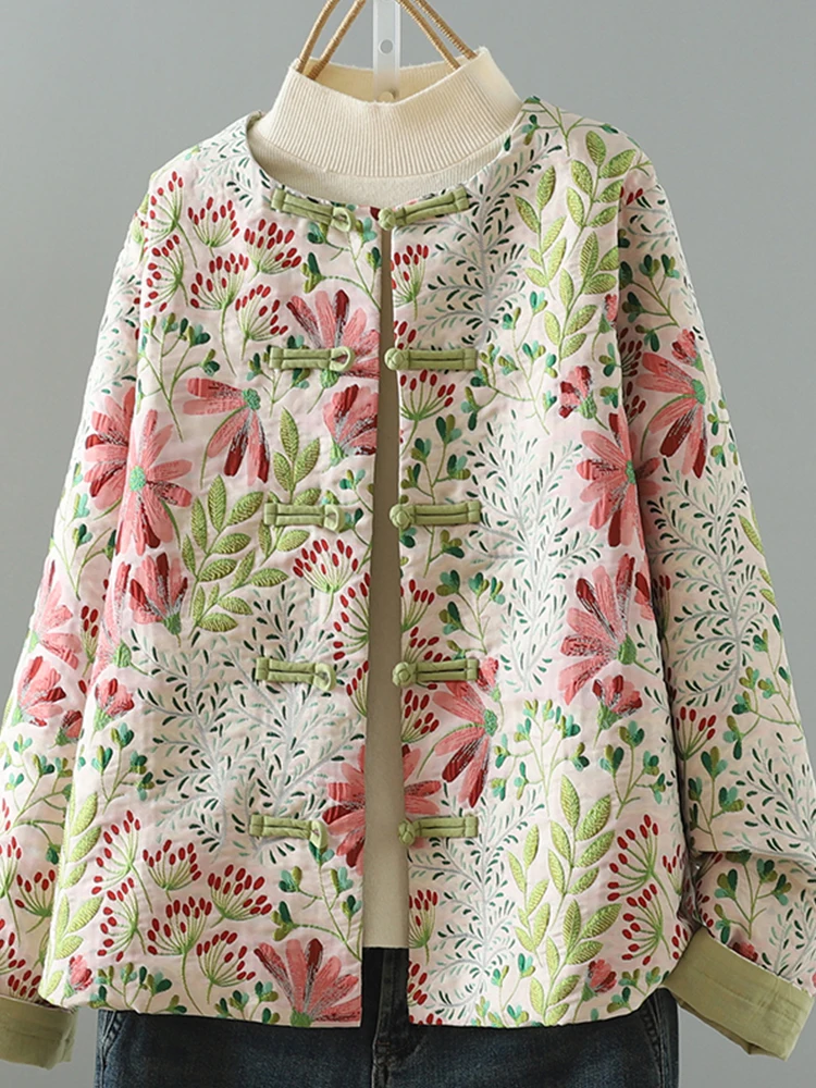 

New Chinese Sle ort Floral Embroidery Jaet Women's Retro Button round Ne Modified Tang Costume irt Top for Autumn