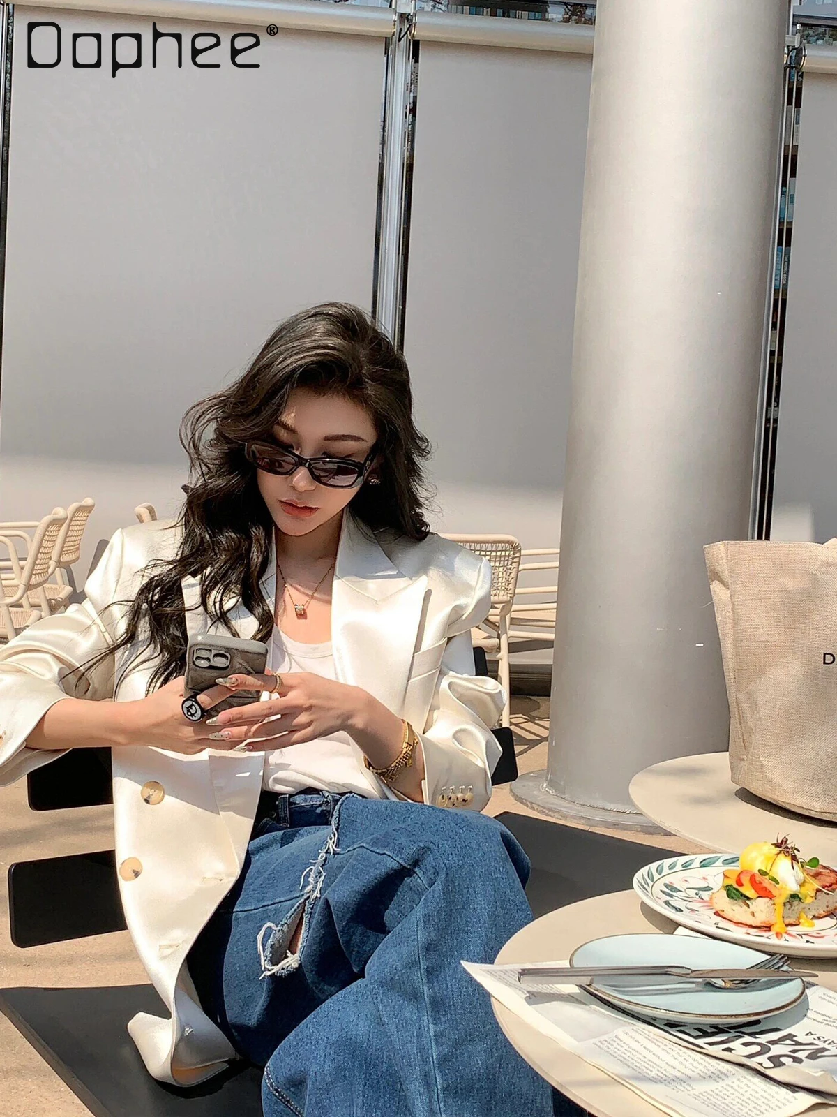 High-end Elegant Heavy Craft Pearlescent Color Cross Collar Blazer Women Korean Chic Loose Versatile Autumn Trendy Blazer Top