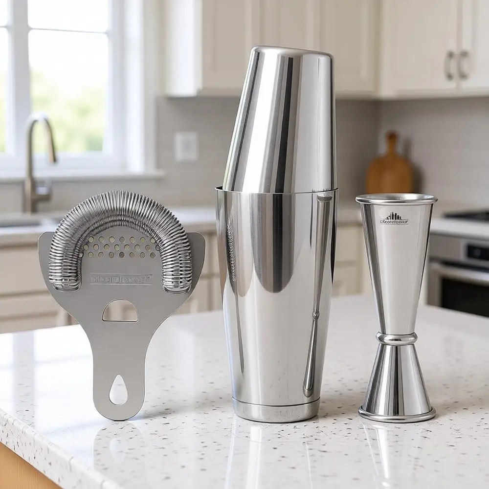 

Набор бармена из 4 предметов: шейкер Бостон, стрейнер, джиггер, аксессуары из нержавеющей стали для коктейлей, Si