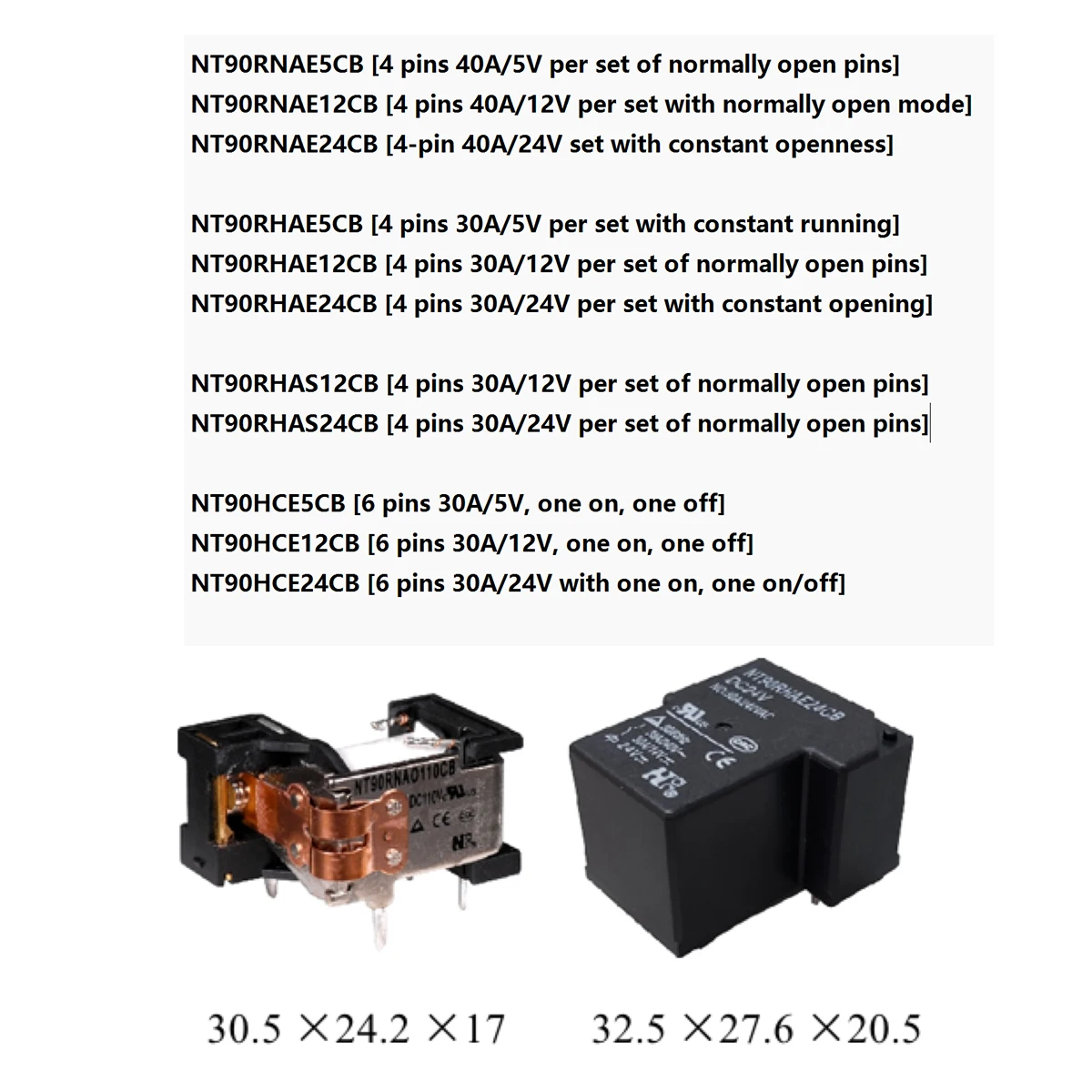 2PCS 30A 40A 4PIN 6PIN 240VAC DC5/12/24V NT90RNAE5/12/24CB NT90RHAE5/12/24CB NT90RHAS12/24CB NT90HCE5/12/24CB NEW power relay