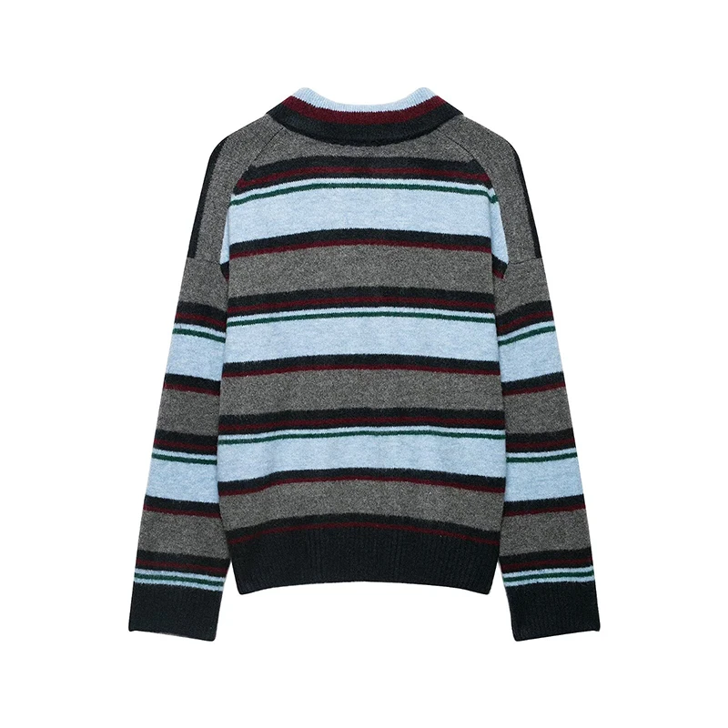 Retro Multi Color Stripe Ladies Knit Top Lapel V Neck Soft Casual Long Sleeve Jumper Autumn Pullover