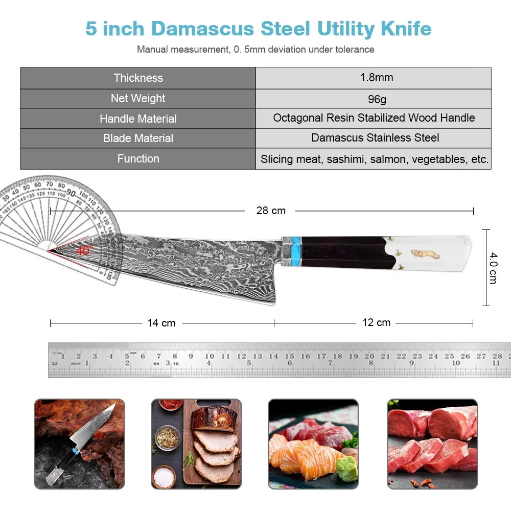 Damascus Utility Knife 5 Inch, Japanese Damascus Steel Kitchen Petty Knife,Professions Cutting Fruit Carving Chef Paring Knife