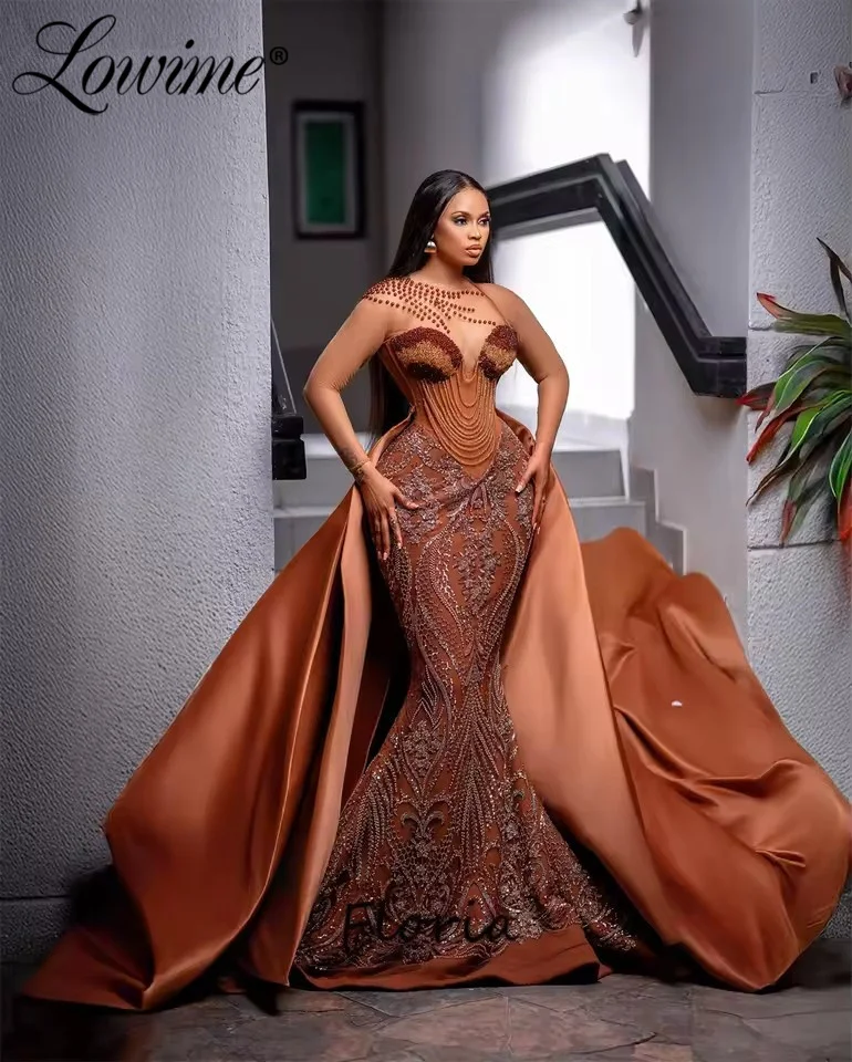 

Vintage Brown Long Sleeves Prom Dresses Customized Plus Size African Party Dress Overskirt Beaded Mermaid Evening Gowns Elegant