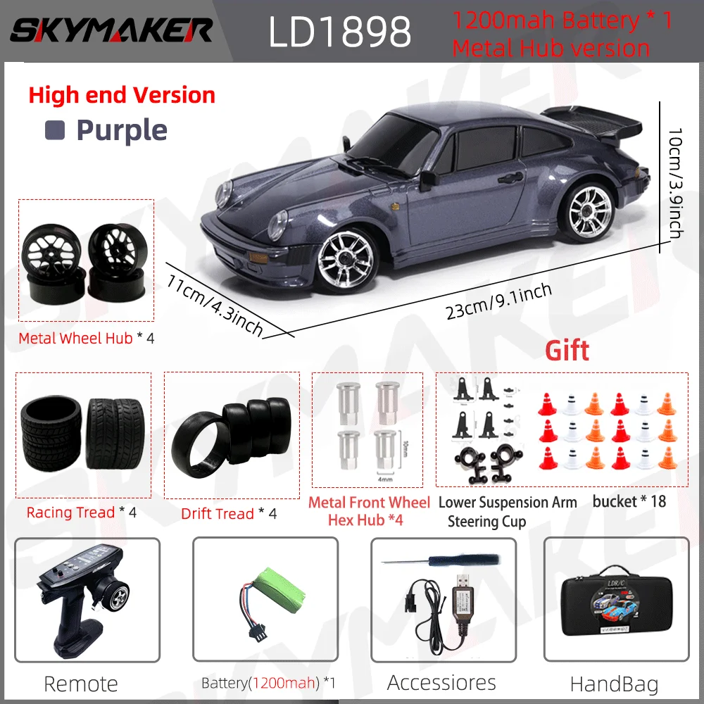 Skymaker LDRC 1/18 RC Drift Auto LD1898 911 Modus 2,4 GHz met Gyroscoop on-Road Legering Body Shell Racewagen voor Kinderen Geschenken