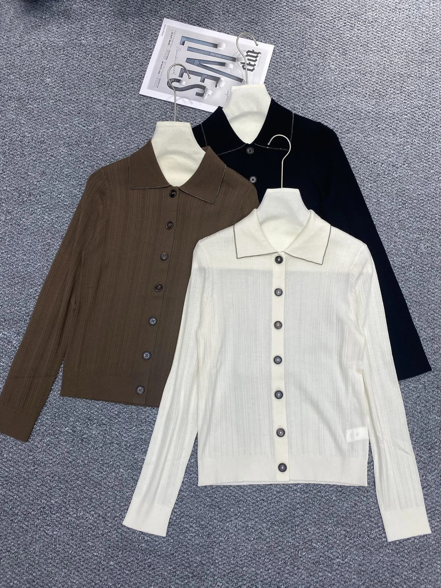 Women's Wool Polo Collar Groove Strip Slim Fit Slimming Long Sleeved Knitted Cardigan Top