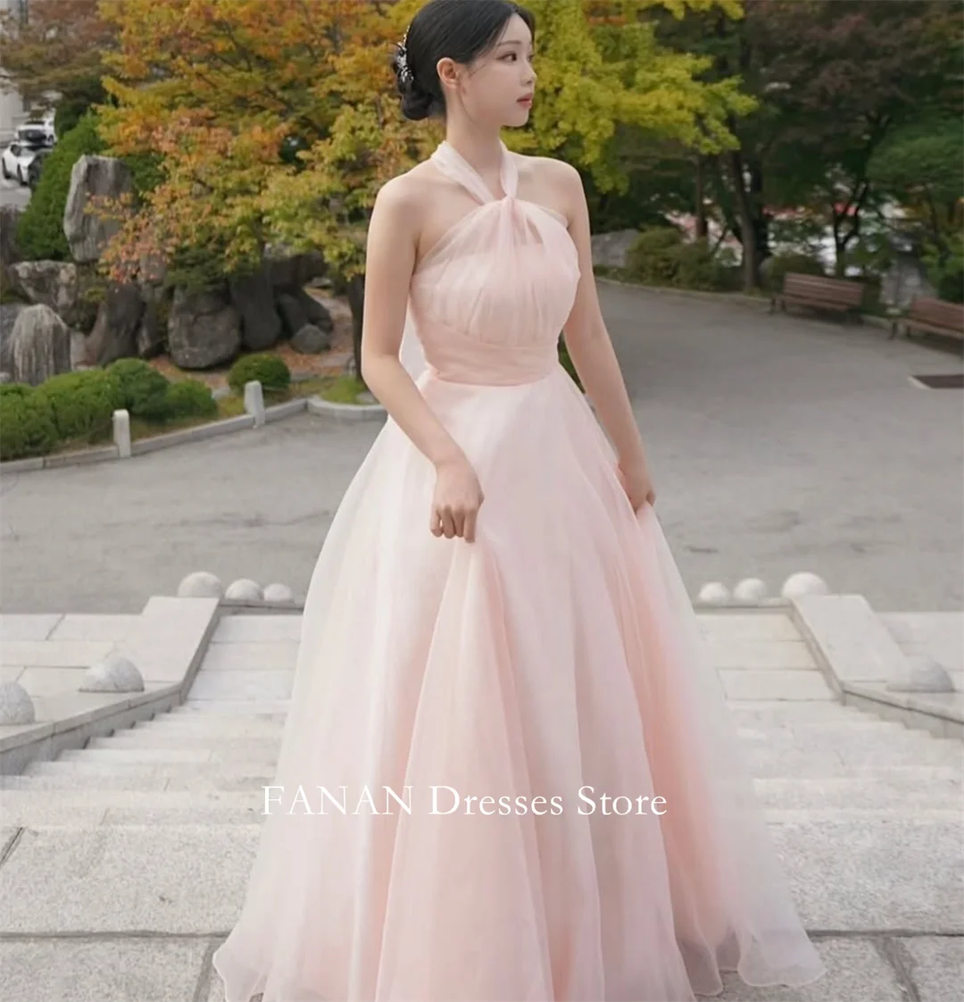 

FANAN Tulle Fairy Halter Neck Evening Party Dresses Korea Pink Elegant Backless Wedding Women Gowns Event Prom Gowns Customized